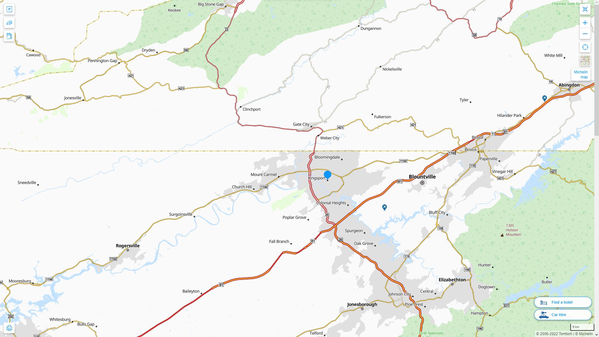 Kingsport Tennessee Highway and Road Map